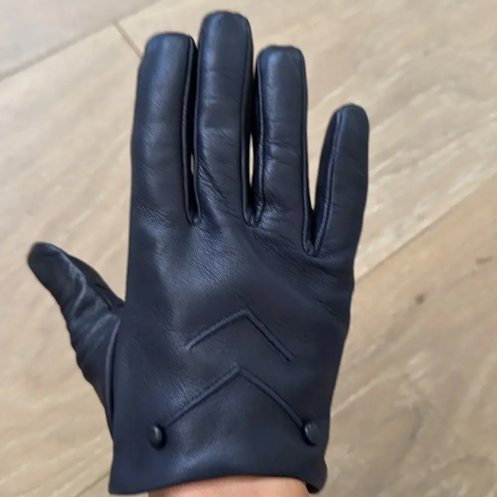 Marc Jacobs Navy Blue Leather Driving Gloves with button details one Size